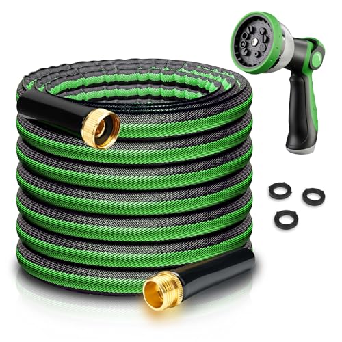 Aterr Garden Hose, Heavy Duty Flexible Water Hose with 10 Pattern Nozzle, Lightweight Durable Hose, Solid Aluminum Connectors，Leak-Resistant for Yard Lawn Car Washing, （50ft Green）