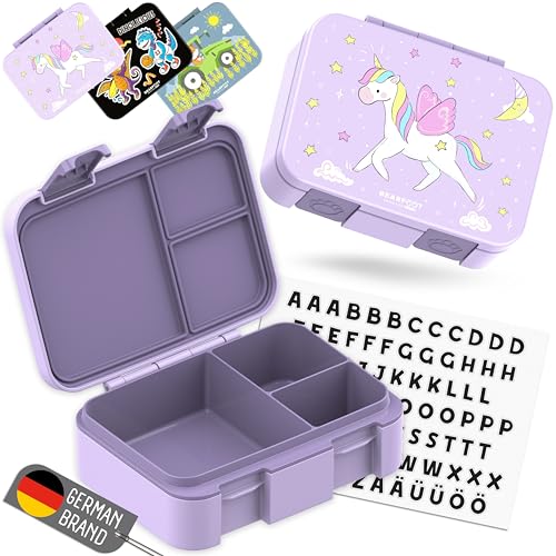 Image of BEARFOOT Kids Lunch Box with Compartments - Compact & Lightweight | Leak-Proof, BPA-Free, Dishwasher Safe | Hand-Drawn Design for Preschool, School, Travel (Unicorn Purple, 2.75 Cups)