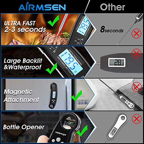 Airmsen Digital Instant Read Meat Thermometer with 4.7” Folding Probe, 2S Best Ultra Fast Waterproof Kitchen Food Cooking Thermometer with Bottle Opener for Barbecue Carnival Night!