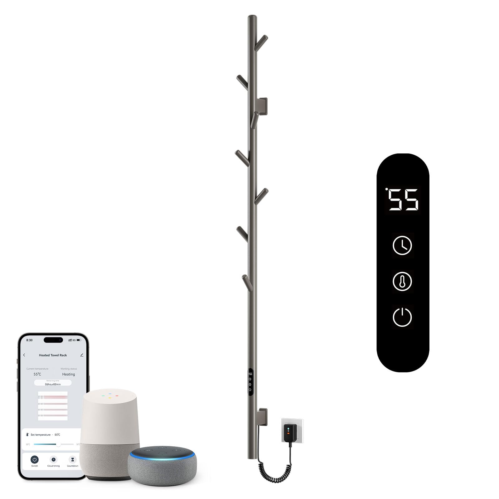 Seche Serviette Electrique,Porte-serviettes électrique à tige unique,Serviette Murale Intelligent à Température Constante,Chauffe-serviettes,Sèche Serviettes Électrique,économie d'énergie-WiFi Gray