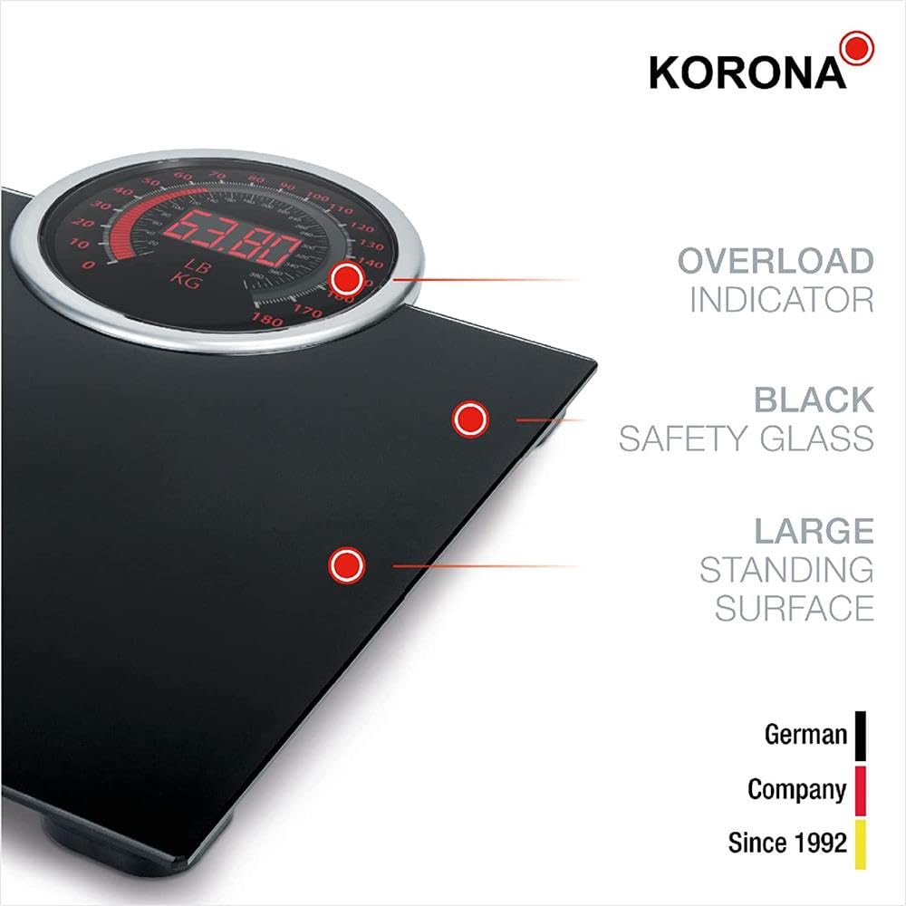 Korona 73250 Personenwaage CORA mit XXL-Display und Vollsichtskala | 26 mm Ziffernhöhe | Tragkraft 180 kg, Einteilung 100 g | Inkl. Batterien