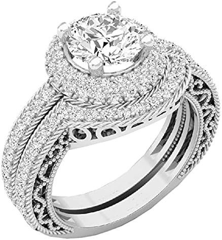 Dazzlingrock Collection Round White Cubic Zirconia CZ Halo Wedding Bridal Fashion 2 Piece Engagement Ring Set, Available in 10K/14K/18K Solid Gold