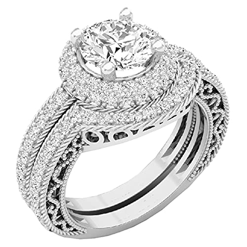 Dazzlingrock Collection Round White Cubic Zirconia CZ Halo Wedding Bridal Fashion 2 Piece Engagement Ring Set, Available in 10K/14K/18K Solid Gold