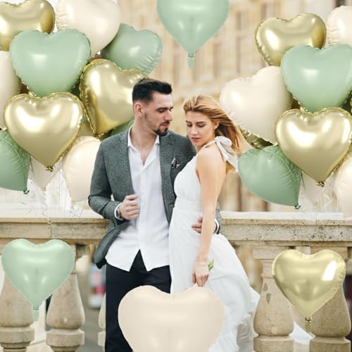 Image of Sage Green Gold Heart Balloons, 10 Pcs Light Gold Cream Heart Shaped Balloon, 18 Inch Olive Green Sand White Foil Balloons for Jungle Safari Brithday Baby Shower Wedding Valentines Party Decoration