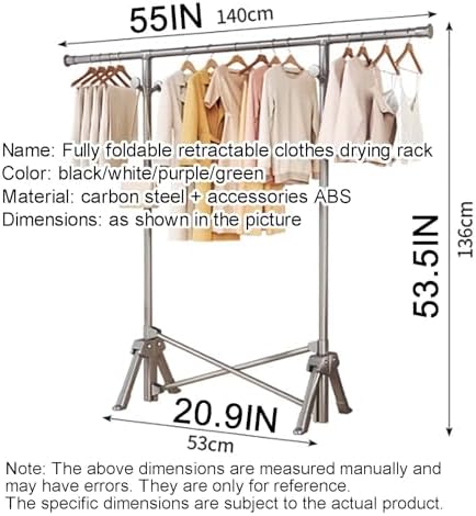 Adjustable Folding Clothes Drying Rack - 55in Sturdy Metal Garment Stand for Hanging Clothes, Coats, Skirts, Shoes & Bags - Space-Saving Airer (Purple)
