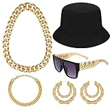 80s / 90s Hip Hop Costume Kit, Rapper DJ Outfits Punk Gold Chain Bracelet Bucket Hat Vintage Glasses Bamboo Hoop Earrings Hip Hop Jewelry Set for Women/Men (Style D)