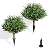 DIAFA Topiary Trees Artificial Outdoor - Set of 2 UV Resistant Faux Plants Faux Shrubs Bushes with Ground Spike for Front Porch Door Garden Decor