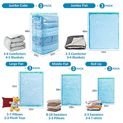 Taili 15 Pack Space Saver Vacuum Storage Bags Combo(3 Cube, 3 Jumbo, 3 Large, 3 Medium, 3 Roll Up), Free Up 80% Space Vacuum Seal Bags Variety Size For Clothes Beddings Comforters Quilts Pillows Plush Toys, Space Bags Vacuum Storage Bags (Blue) #TOP1