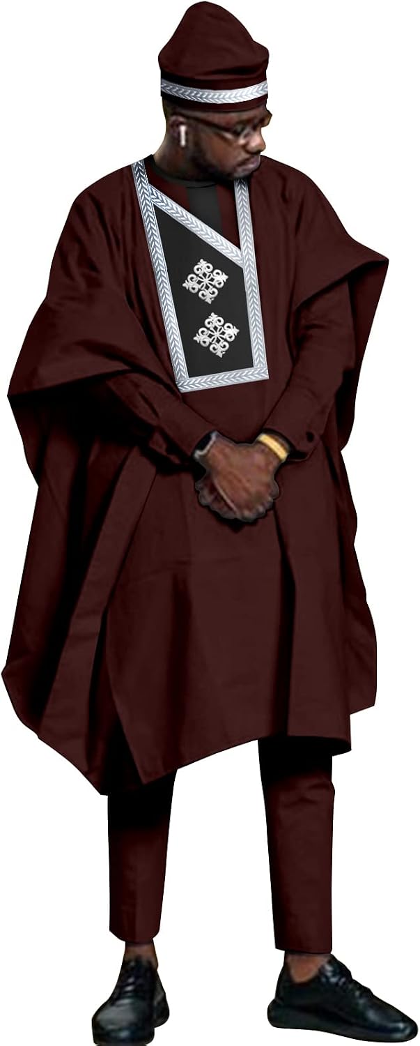 Men`s Suits Agbada Robe Dashiki Shirts Pants and Hat 4 Piece Set Tribal Outfits African Clothes for Wedding