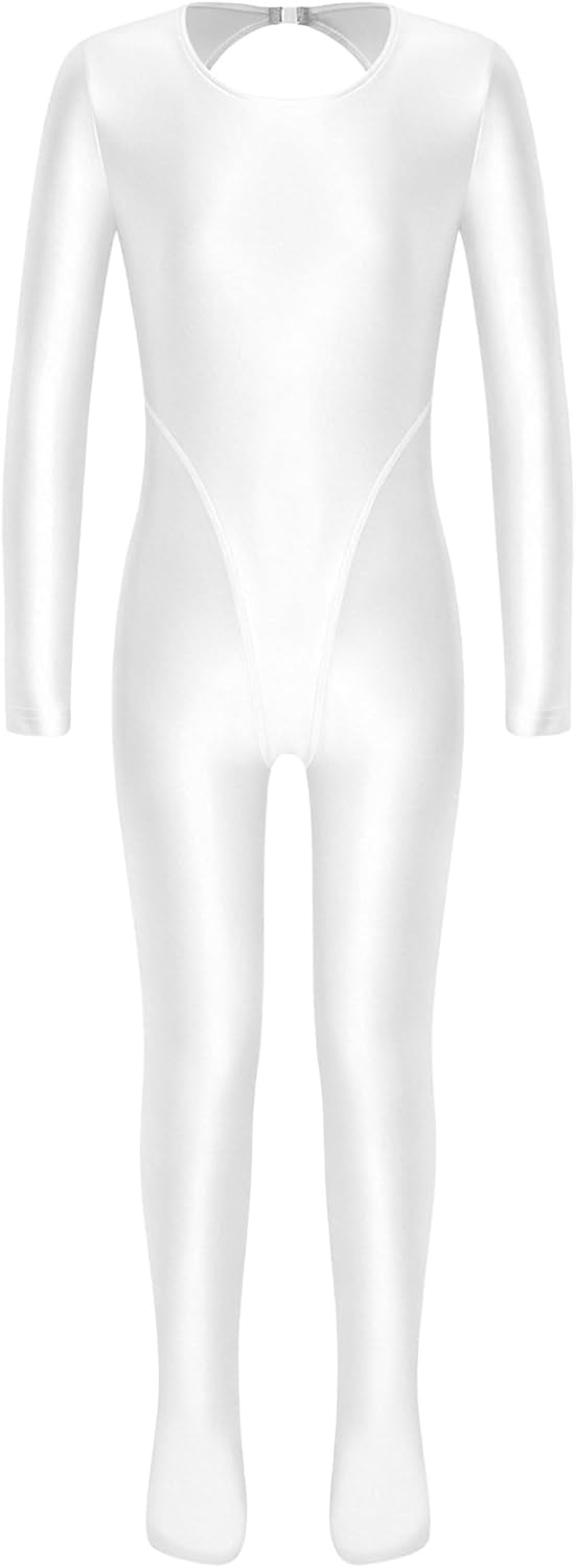 Mufeng Girls Yoga Footed Unitard Kids Shiny Bodysuit Glossy Ballet Practice Catsuit One Piece Dance Jumpsuit