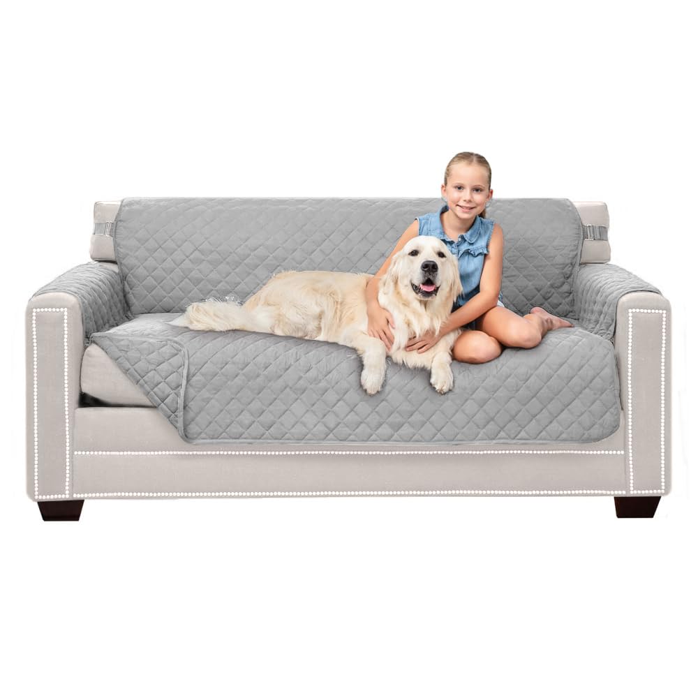 Sofa Shield Couch Slip Cover with Patented Strap, Cushion Protector, Reversible Stain and Dog Tear Resistant Slipcover, Quilted Microfiber 62” Seat, Washable Covers for Dogs Pets Kids, Light Gray
