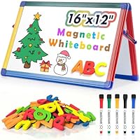SWANCROWN Portable Dry Erase White Board for Kids, 16x12 inch Toddler Boy Girl Toys Magnetic Table top Whiteboard Small Double Sided Art Easel with 82Pcs Letter Magnets Magnetic Foldable Board