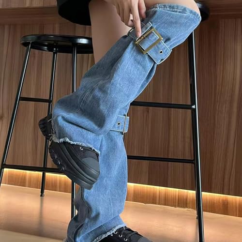 Women Subcultures Jeans Leg Warmers with Buckled Straps Punk Washed Denims Baggy Flared Boot Covers Streetwear3
