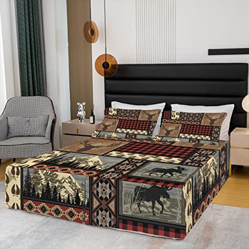 Elk Deer Bed Skirt Vintage Western Bed Skirts King,Retro Red And Black Grid Plaid Bedding Decor Southwestern Aztec Patchwork Bedskirt Buffalo Plaid Decor,Geometric Lattice Room Decor #TOP2