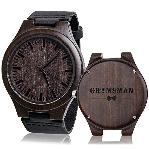 Mens Wooden Watches Black Leather Strap Casual Watch for Groomsmen Unique Groomsmen Gifts for Wedding