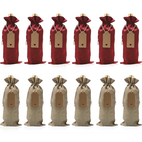 12 bolsas de vino de yute de y 12 etiquetas de regalo, bolsas de regalo reutilizables de arpillera para vino, bolsas de vino para Regalos de Boda, Fiestas de Navidad y Fiestas de Cata de Vinos