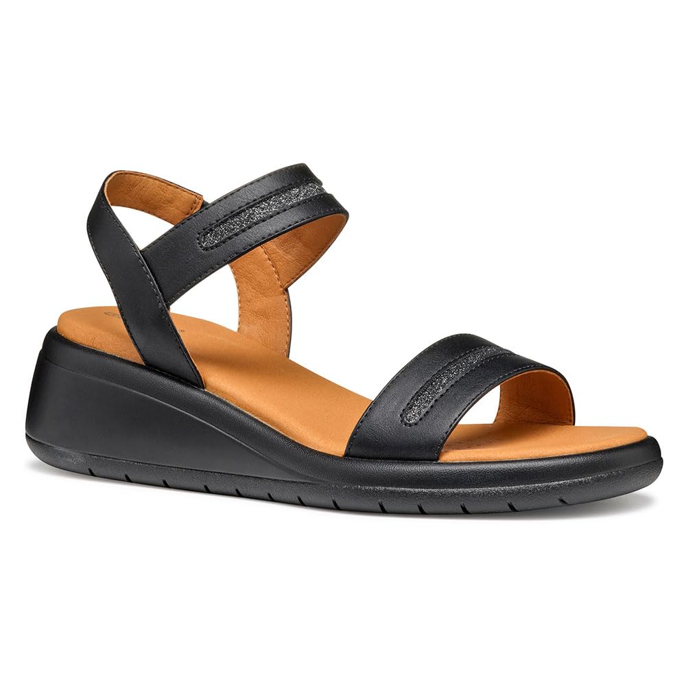 Geox Women's D MELICONIA E Wedge Sandal, Black, 7.5 UK