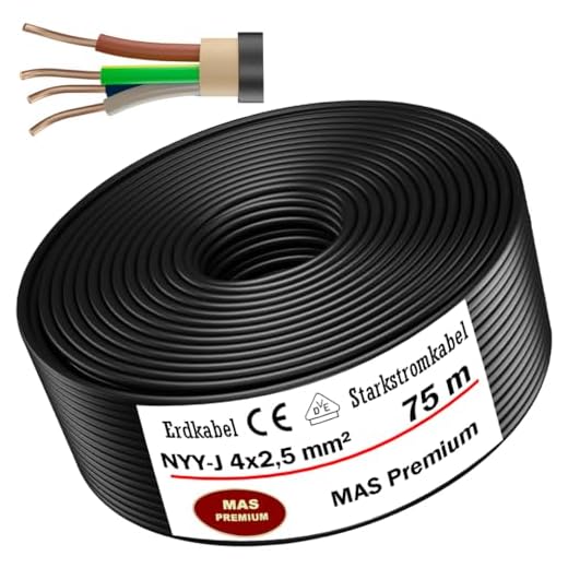 Jordkabel strömkabel 5, 10, 15, 20, 25, 30, 35, 40, 50, 60, 70, 75, 80, 90 eller 100 m NYY-J 4 x 2,5 mm² elektrisk kabelring för installation utomhus, mark (75 m)