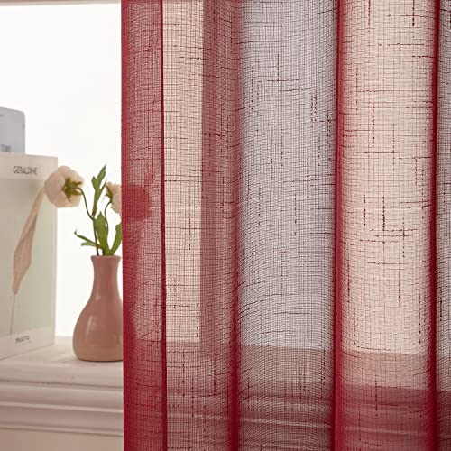 MIULEE 2 Panels Voile Curtains Sheer Cross Linen-like Solid Color Contemporary Decorative Ring Top Eyelet Panels for Bedroom Livingroom Nursery Room 55" Wx96 L Red - Image 4