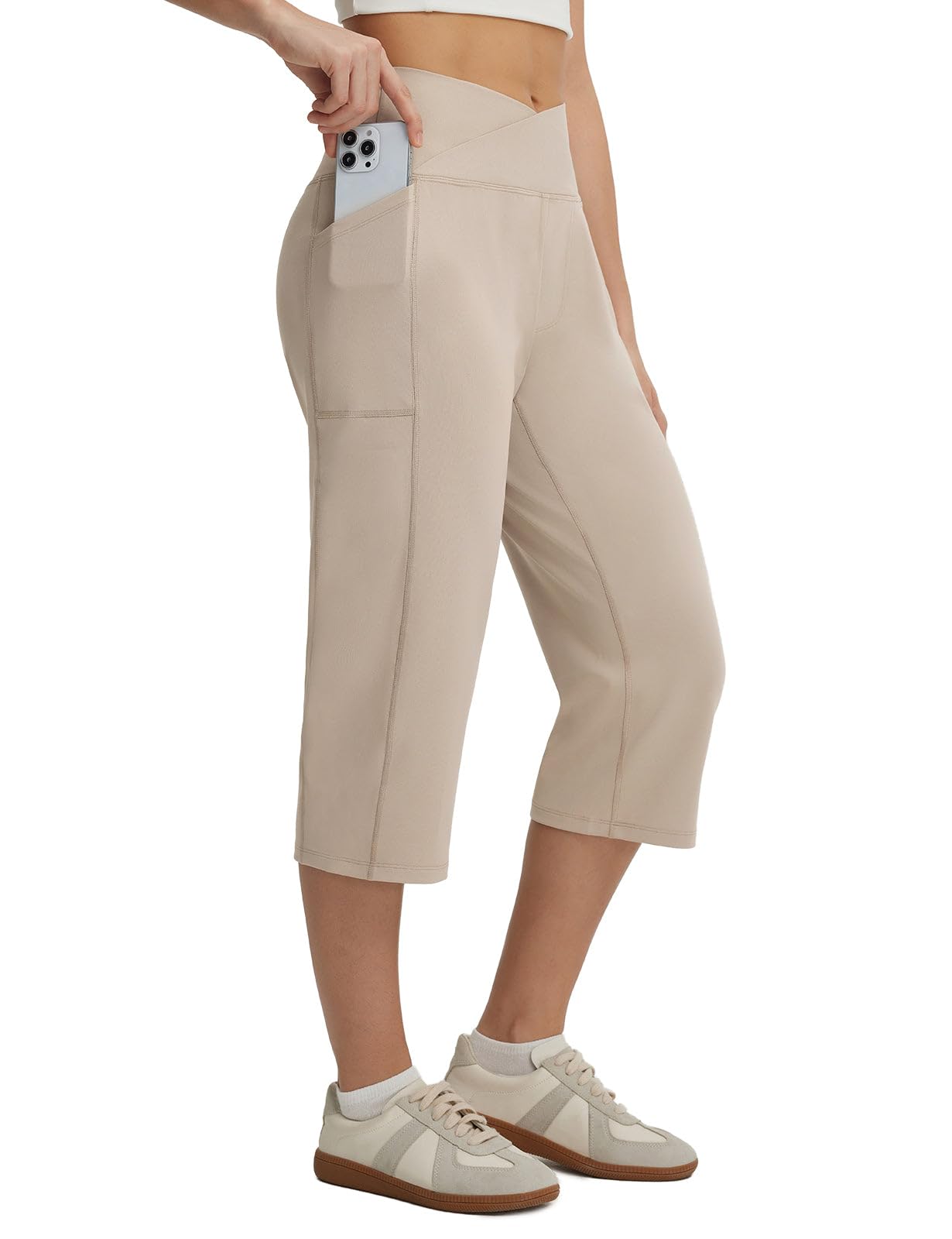 baleaf Damen Yogahose Caprihose mit Taschen Sommer Hohe Taille Weite Bein Straighthose Lounge Jogginghose