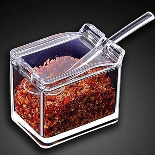 Image of Spice Box Set with Transparent Containers, Hinged Lids, Spoons and Tray