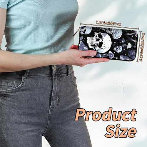 Women's RFID Blocking Wallet PU Leather Slim Bifold Wristlet Clutch with Large Capacity,16 Card Slots & Zipper Coin Purse Pocket Ladies Travel Purse Wristlet,Skull Mushrooms2