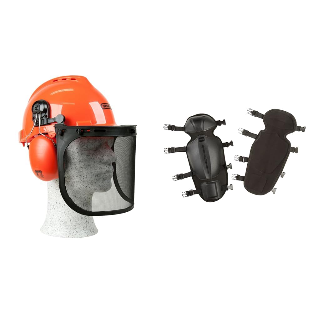 Oregon 562412 - Casco de Seguridad para Motosierra Yukon & Espinilleras Protectoras para Trabajar con Desbrozadora, Sistema Ajustable