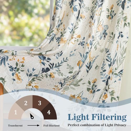 Image of MYSKY HOME Floral Linen Curtains 84 inch Length 2 Panels Set Patterned Semi Sheer Light Filtering Privacy Farmhouse Grommet Drapes for Living Room Bedroom, Yellow and Blue, 52 inch Wide Each Panel