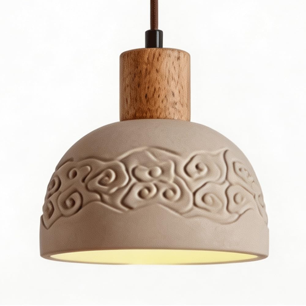 ESIYUVO Gray Embossed Bell Concrete Pendant Light New Chinese Zen Hanging Lamp Bedside Chandelier Adjustable Cord Lighting Fixture E27 for Bedroom Kitchen Island Living Room Hallway Bar Entryway