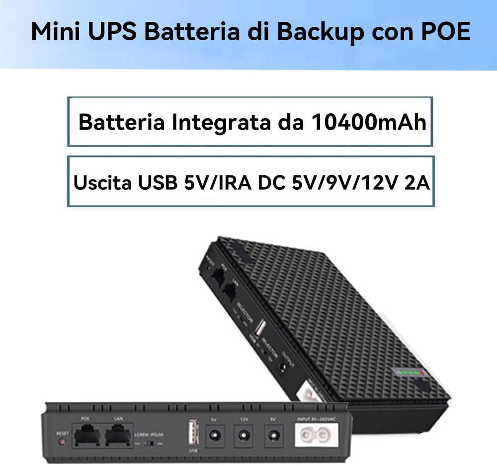 Mini UPS Batteria di Backup per Router, con10400mAh con POE, Uscita USB 5V/2A DC 5V/9V/12V 2A per Modem, Telecamere di Sicurezza, Smartphone