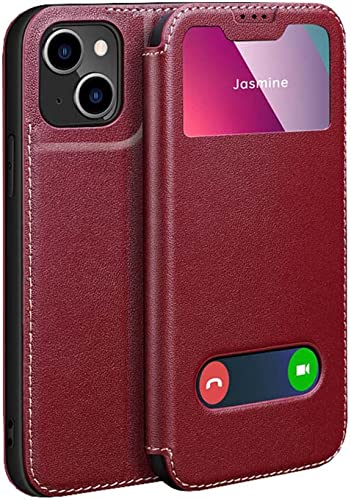 Funda de cuero para iPhone 14 Plus SCHIK con ventana de lujo y soporte integrado color rojo