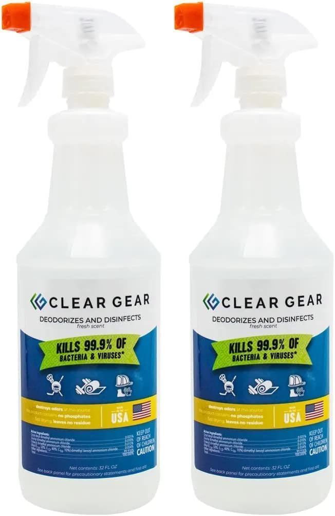 Clear Gear Disinfectant Cleaner, and Deodorizer For Sports Equipment, Gyms, and Fitness Centers - EPA-Registered, Hospital Grade, Made in USA - 2-Pack of 32 Oz Bottle Disinfecting Spray