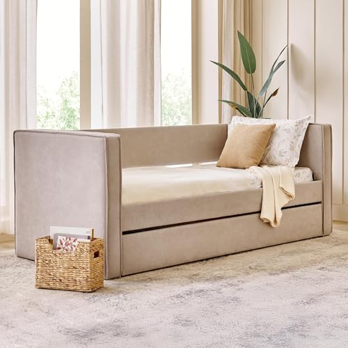 Image of Home Centre | Hive Fabric Day Bed with Trundle | Wooden Bed for Bedroom | Engineered Wood | Beige | 1 Year Warranty