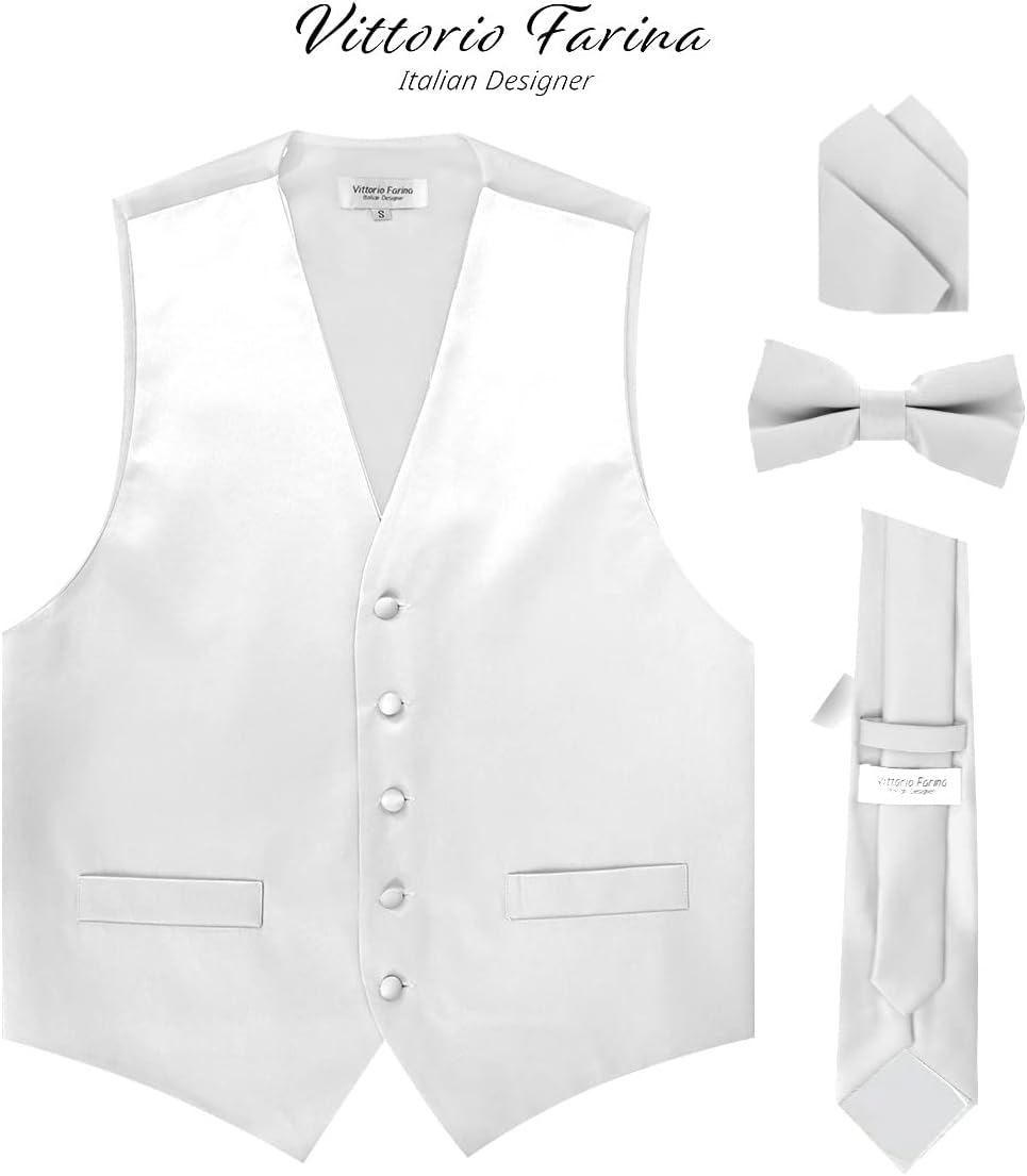 Solid Color Satin Suit Vest for Men Set of 4 - Vest, Tie, Bow Tie & Pocket Square (White Back)