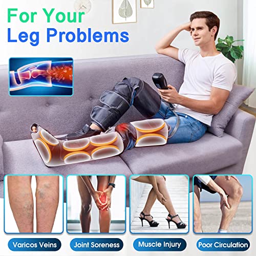 Leg Massager with Air Compression & Heat, 4-In-1 Foot Calf Thigh Knee Massager for Circulation & Pain Relief, 4 Modes 4 Intensities 2 Heat Levels, 10*2 Airbags, Compression Boots for Cramps Edema, RLS