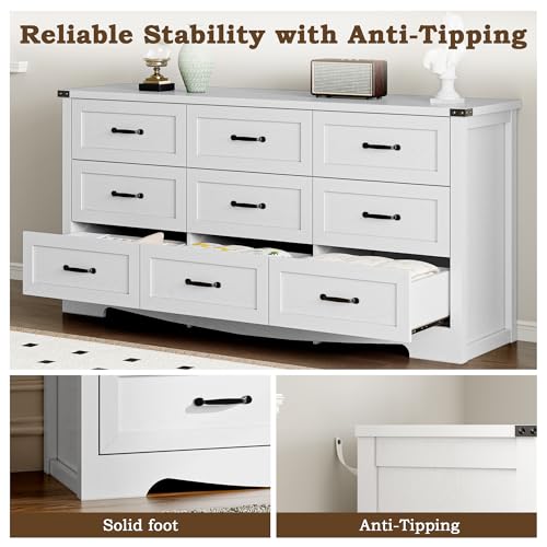 Image of BORNOON 9-Drawer Dresser for Bedroom, Modern Wooden Chest of Drawers with Metal Handles, Anti-Tipping Design, Sturdy and Stable Storage Organizer for Living Room, Entryway, Home Office