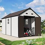 Jocisland 8x13.5x7.5 FT Resin Storage Shed with Floor, Lockable Outdoor Storage Shed with 2 Windows, Vents, All-Weather Use Plastic Structure for Backyard, Garden, Patio and Lawn – White & Brown