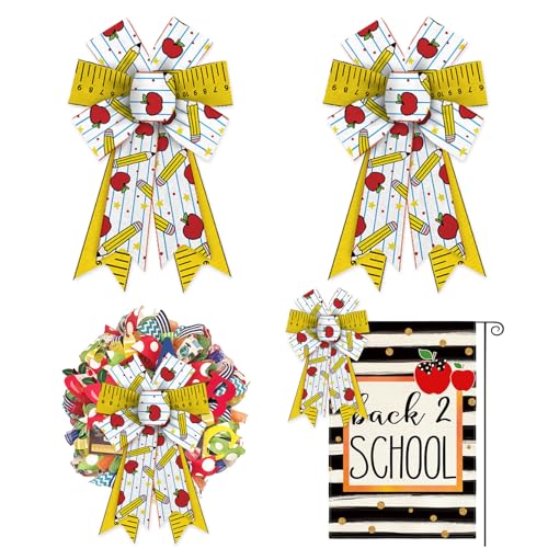 Threetols 2 PCS Back to School Bows for Wreath, White Pencil Apple Stripe Teacher Wreath Bows for Front Door, Yellow Ruler Tree Topper Bows for First Day of School Indoor Outdoor Decor