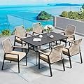 7 Pieces Patio Dining Set, 6 x Woven Rattan Chairs with Waterproof Cushion, 59" Rectangular Metal Dining Table with Umbrella Hole, Outdoor Table and Chairs Set for Backyard Lawn and Deck, Beige