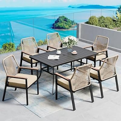7 Pieces Patio Dining Set, 6 x Woven Rattan Chairs with Waterproof Cushion, 59" Rectangular Metal Dining Table with Umbrella Hole, Outdoor Table and Chairs Set for Backyard Lawn and Deck, Beige