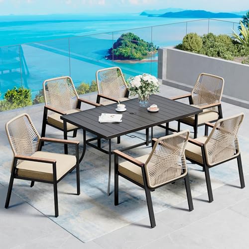 Rattan Outdoor Dining Chairs Set of 6: Stylish, Durable Patio Seating Solution 10 7 Pieces Patio Dining Set, 6 x Woven Rattan Chairs with Waterproof Cushion, 59