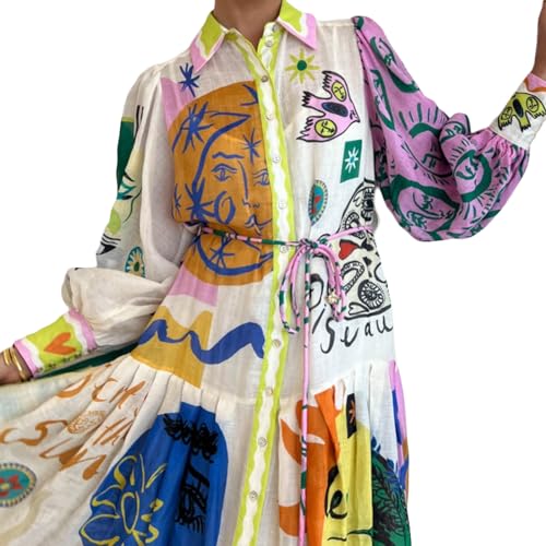 Women Graphic Puff Sleeve Maxi Dress Graffiti Button Down Shirt Dress Vintage Boho Floral Flowy Long Dresses3