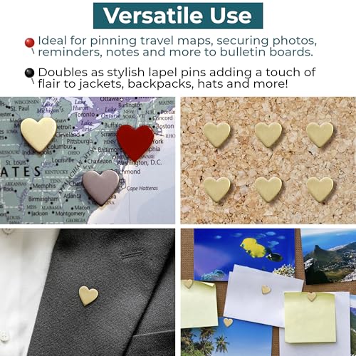 Image of Big Gold Heart Push Pins - Large Gold Metal Heart Map Pins - for Cork Board, Maps, or Lapel Pin Use - Designed in USA - Set of 20