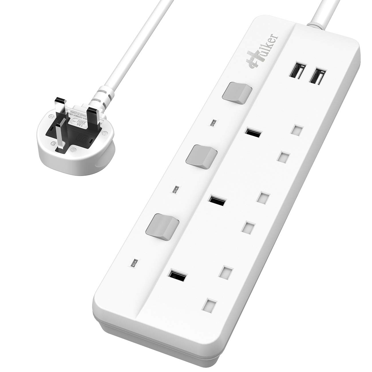 Hulker Extension Lead with USB slots Power Strips with USB ports 3 Way Outlets 2 USB Ports Surge Protection UK Plug with Fuse 13A Extension cord 1.5 Meter with Shutter