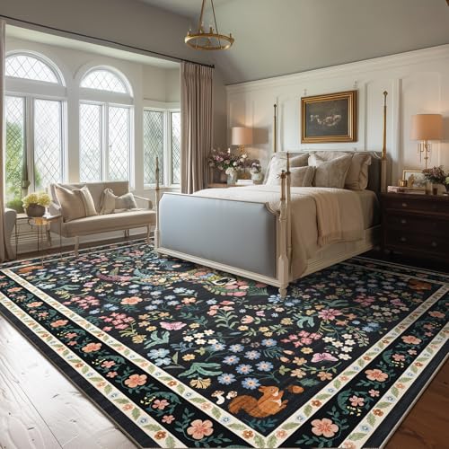 Image of Area Rug Vintage Floral Deer Pattern 9x12 - Bohemian Forest Animal Carpet with Squirrel & Butterfly, Soft Decorative Area Rug for Living Room Bedroom Home Decor