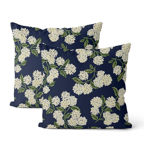 Navy Blue Spring Pillow Covers 18x18 Inch 2 Pcs Green Yellow Hydrangea Flower Decor Throw Pillows Vintage Floral Seasonal Summer Outdoor Decoration Pillowcase Linen Cushion Cover for Couch Sofa