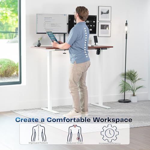 Image of VIVO Dark Walnut 55 x 28 in Standing Desk, DESK-KIT-1B55D | Electric, Holds 220 lbs, Sit Stand, Height Adjustable, Solid One-Piece Table Top, Memory Presets, 1B Series, Black Frame