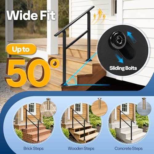 VIVOHOME Adjustable Outdoor Handrails - Durable Galvanized Steel Hand Rail, Black Oval Design for Porch, Deck & Stairs, 2-Pack for 3 Steps - 5