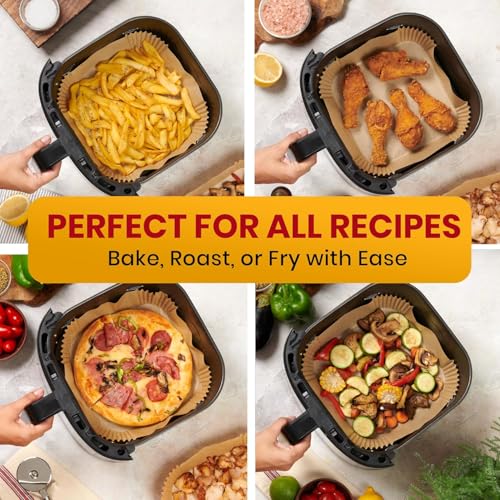 Image of Air Fryer Liners Pack of 2 - 8 Inch Silicone Air Fryer Liner, Reusable Baking Tray, Food Grade BPA Free, Heat Resistant 240C (8 inch Square - 100PCS Paper)