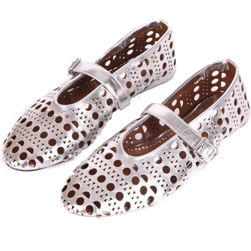 YXCFEWD Women's Mary Jane Ballet Flats - Comfortable Dressy Shoes for Women(Silver one 6)